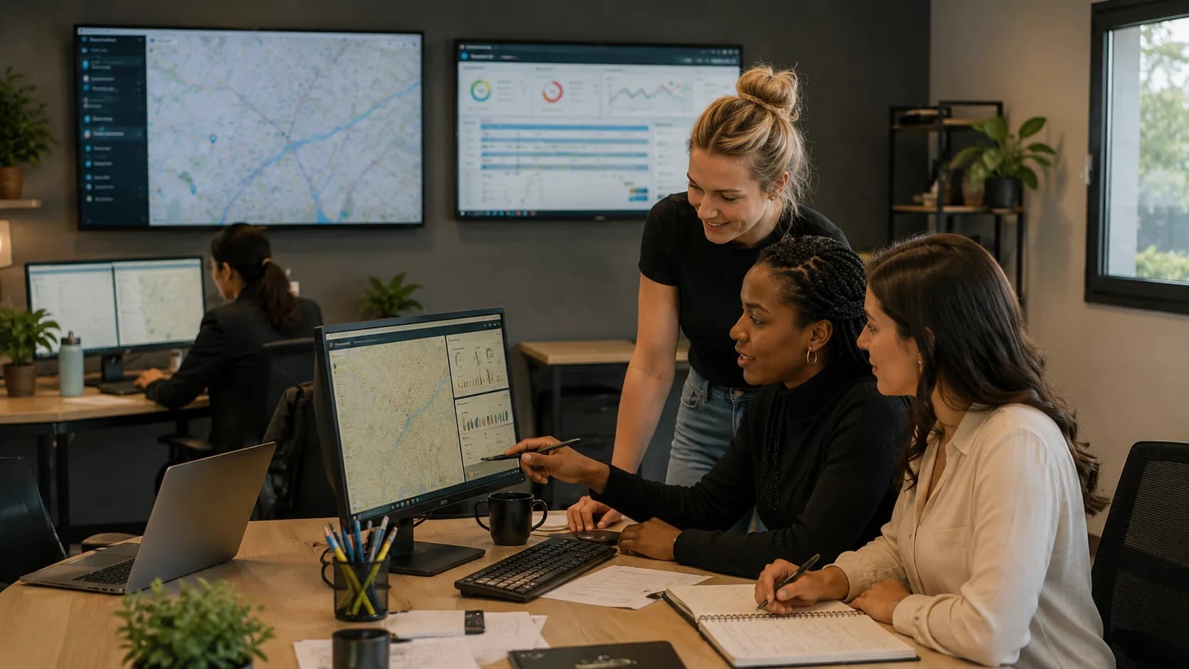 DriveBy Digital operations center with campaign coordination boards and layout logs