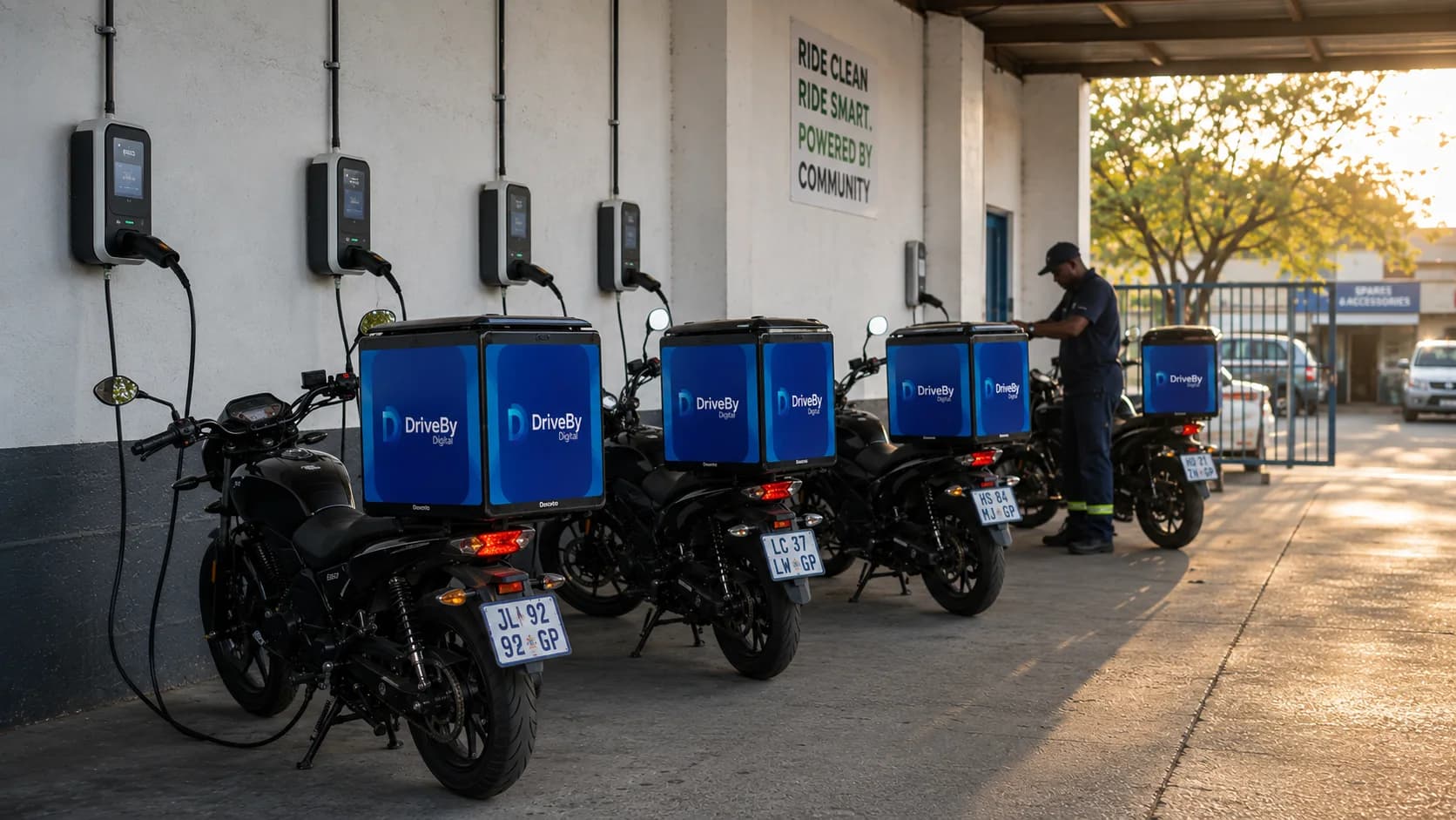 Electric delivery motorcycles charging at a clean depot in the morning light