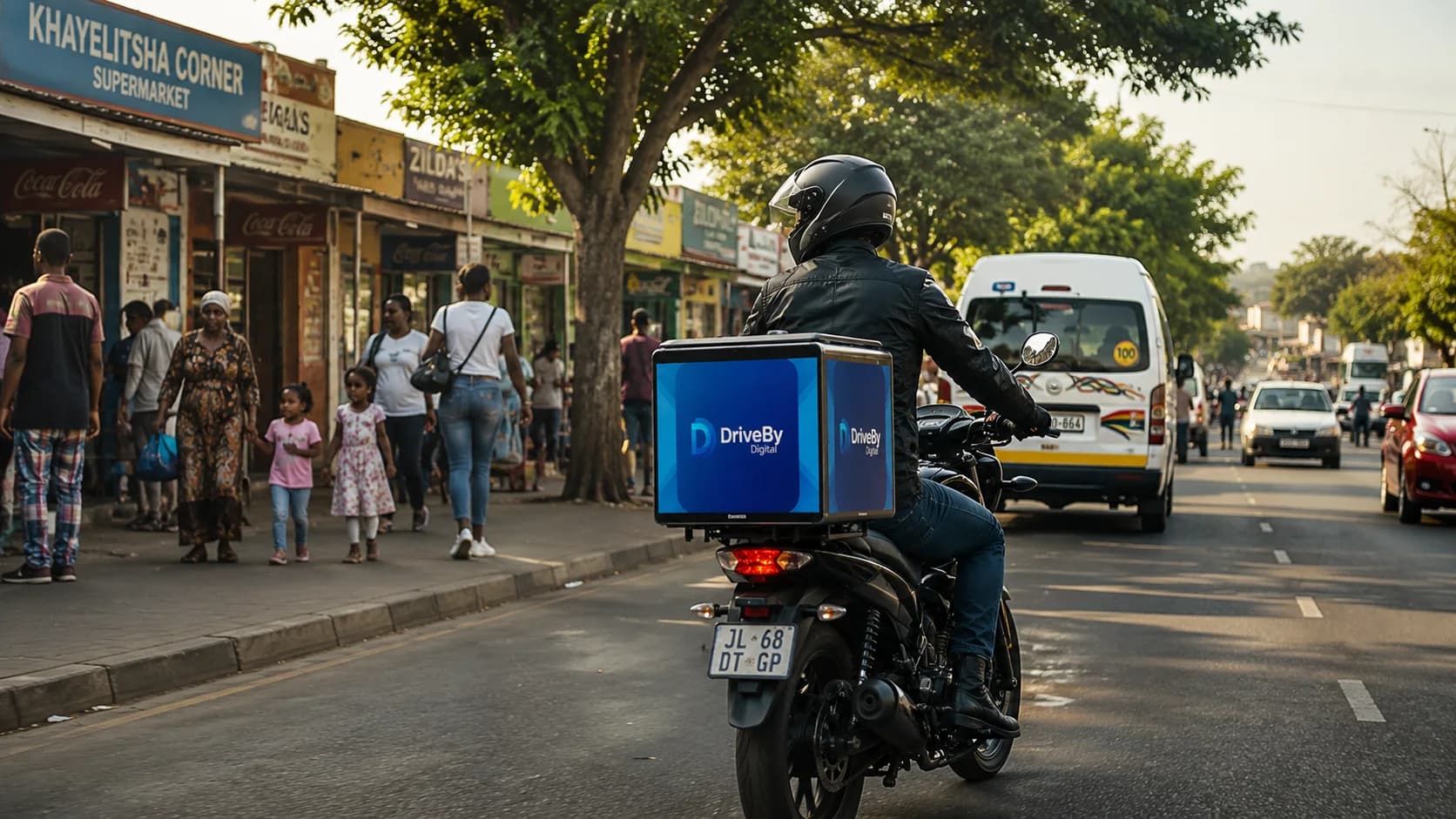 A professional delivery rider traveling naturally through an active neighbourhood street
