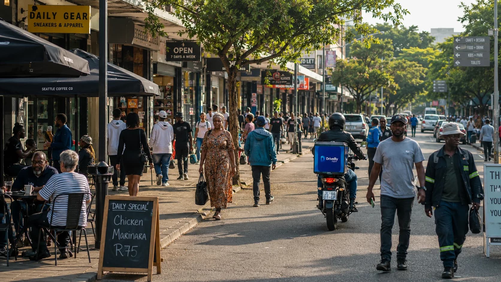 High-street retail storefronts with pedestrian foot traffic and daily shopping activity