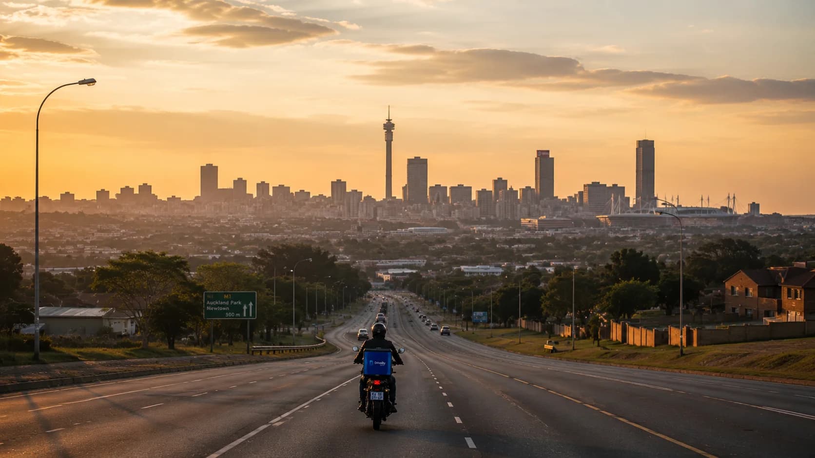 An advertising rider traveling on an open arterial road facing the distant city towers at sunset