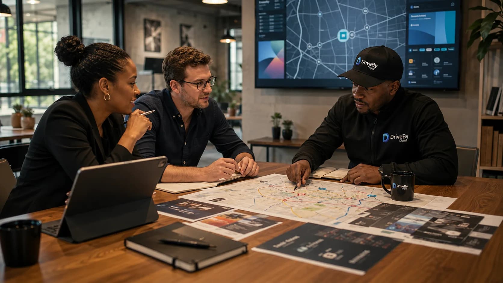 Collaborative workspace detailing campaign layouts, route planning, and partnership notes